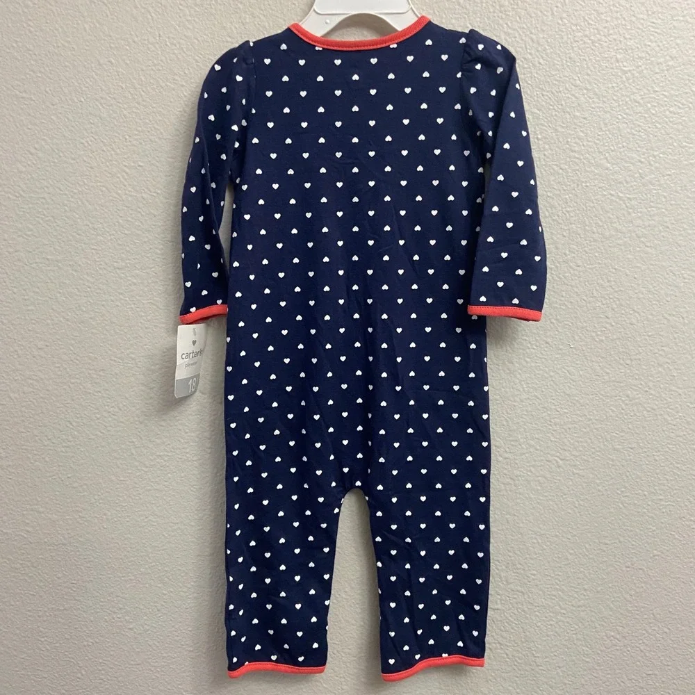 Carter's Kids 18M Navy Blue Heart Print Jumpsuit New Owl Applique Long Sleeve
